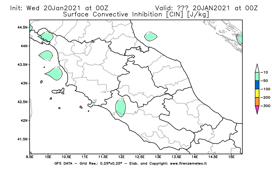 Mappa di analisi GFS - CIN [J/kg] in Centro-Italia
									del 20/01/2021 00 <!--googleoff: index-->UTC<!--googleon: index-->