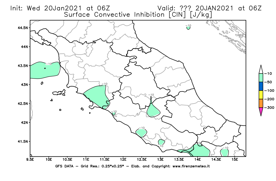 Mappa di analisi GFS - CIN [J/kg] in Centro-Italia
									del 20/01/2021 06 <!--googleoff: index-->UTC<!--googleon: index-->