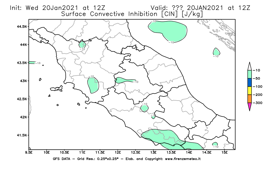 Mappa di analisi GFS - CIN [J/kg] in Centro-Italia
									del 20/01/2021 12 <!--googleoff: index-->UTC<!--googleon: index-->