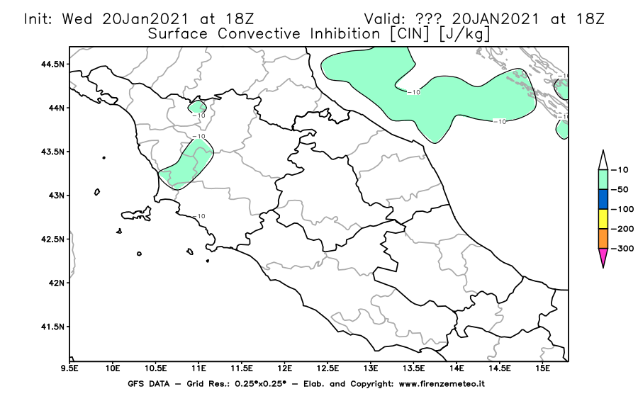 Mappa di analisi GFS - CIN [J/kg] in Centro-Italia
							del 20/01/2021 18 <!--googleoff: index-->UTC<!--googleon: index-->