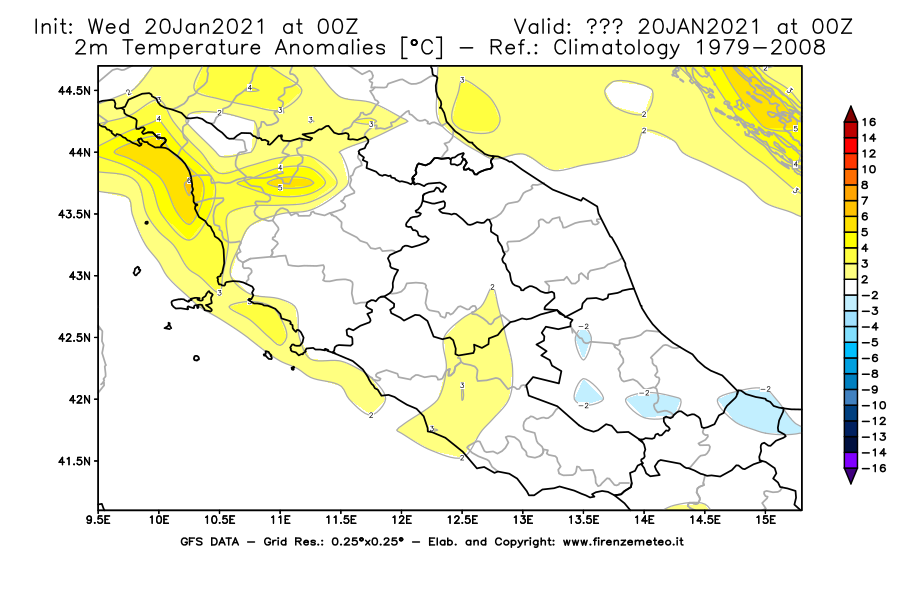 Mappa di analisi GFS - Anomalia Temperatura [°C] a 2 m in Centro-Italia
									del 20/01/2021 00 <!--googleoff: index-->UTC<!--googleon: index-->