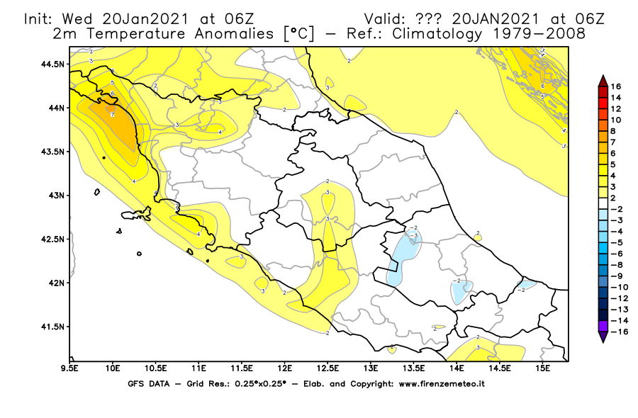 Mappa di analisi GFS - Anomalia Temperatura [°C] a 2 m in Centro-Italia
									del 20/01/2021 06 <!--googleoff: index-->UTC<!--googleon: index-->