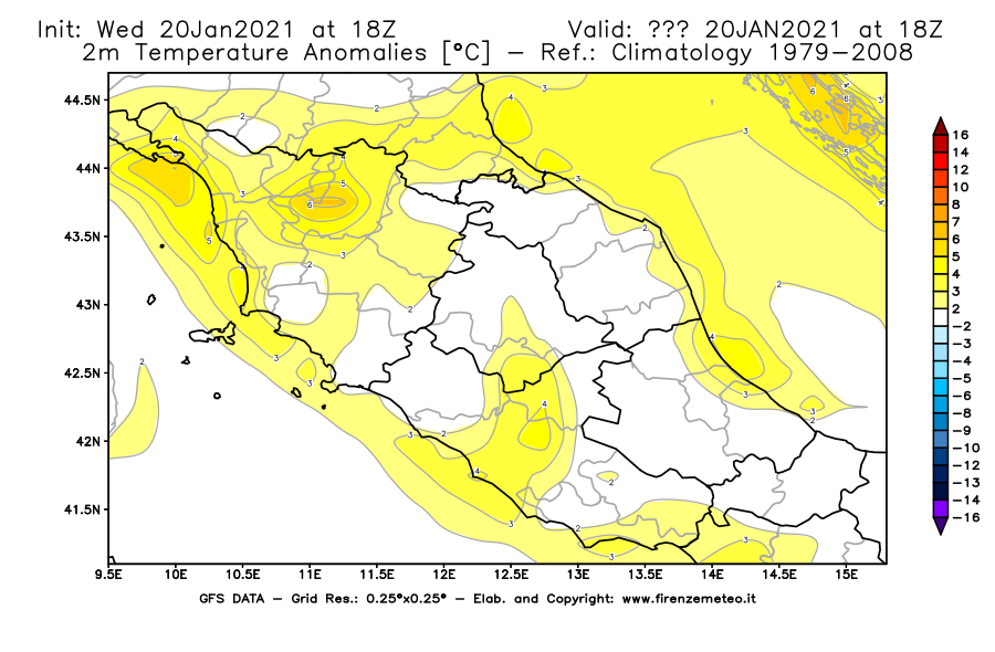 Mappa di analisi GFS - Anomalia Temperatura [°C] a 2 m in Centro-Italia
									del 20/01/2021 18 <!--googleoff: index-->UTC<!--googleon: index-->