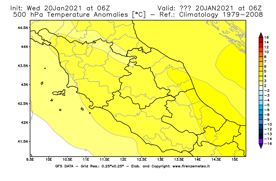 Mappa di analisi GFS - Anomalia Temperatura [°C] a 500 hPa in Centro-Italia
									del 20/01/2021 06 <!--googleoff: index-->UTC<!--googleon: index-->