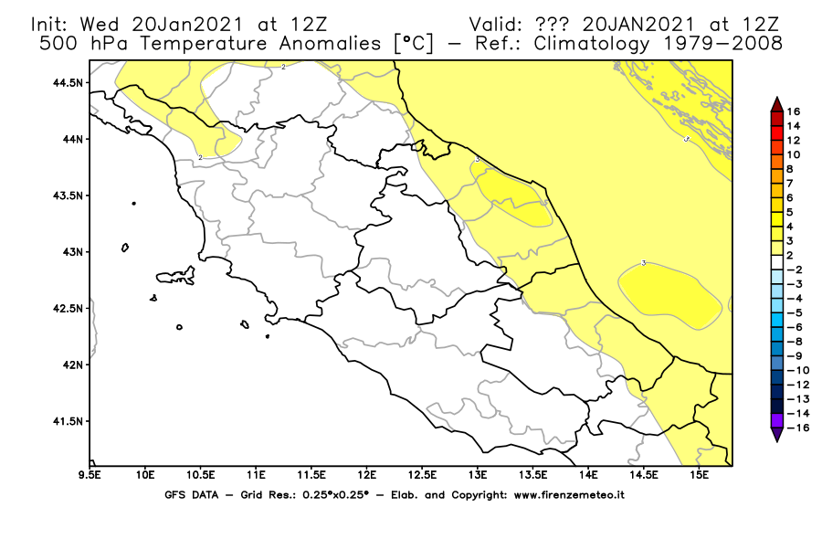 Mappa di analisi GFS - Anomalia Temperatura [°C] a 500 hPa in Centro-Italia
							del 20/01/2021 12 <!--googleoff: index-->UTC<!--googleon: index-->