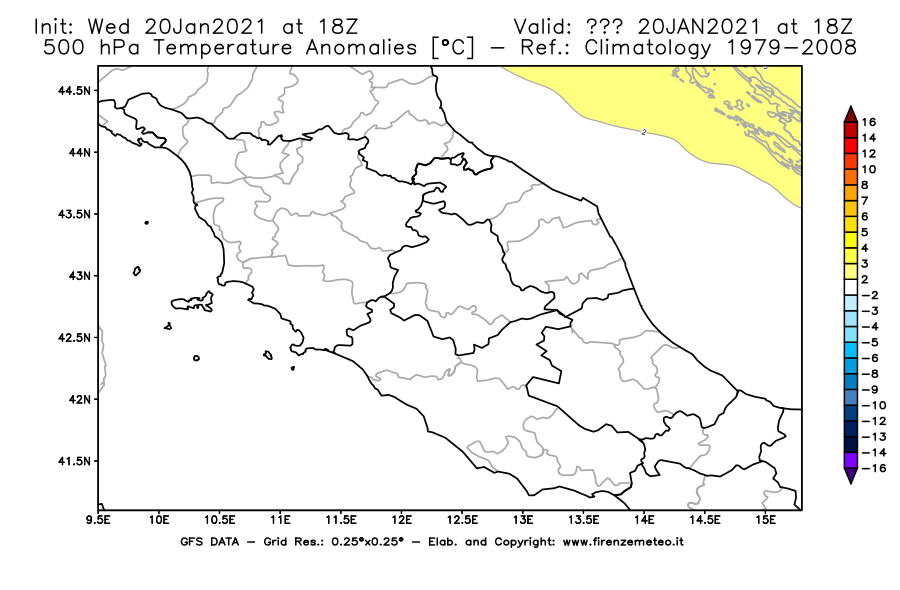 Mappa di analisi GFS - Anomalia Temperatura [°C] a 500 hPa in Centro-Italia
							del 20/01/2021 18 <!--googleoff: index-->UTC<!--googleon: index-->
