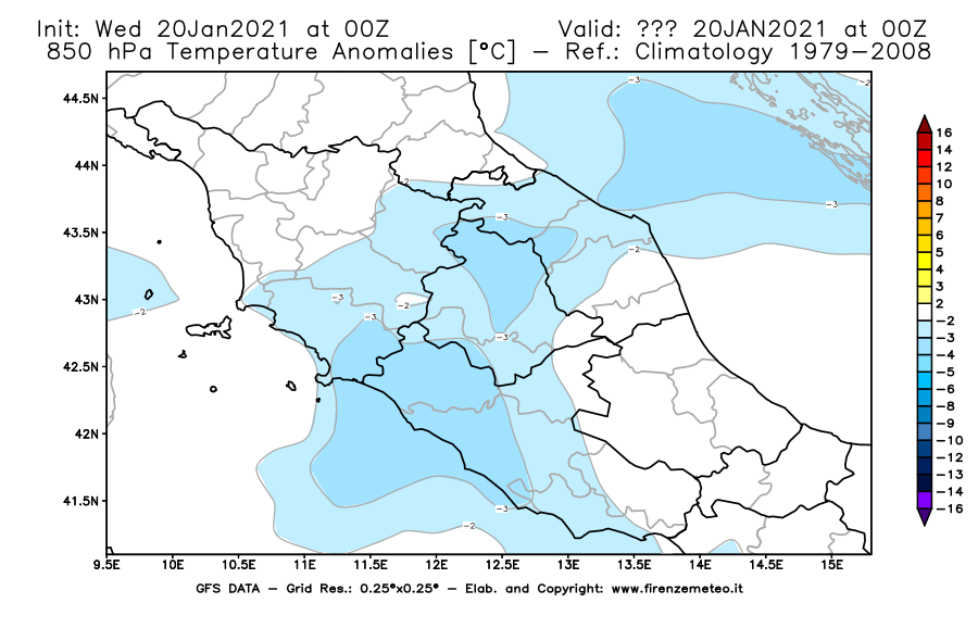 Mappa di analisi GFS - Anomalia Temperatura [°C] a 850 hPa in Centro-Italia
							del 20/01/2021 00 <!--googleoff: index-->UTC<!--googleon: index-->