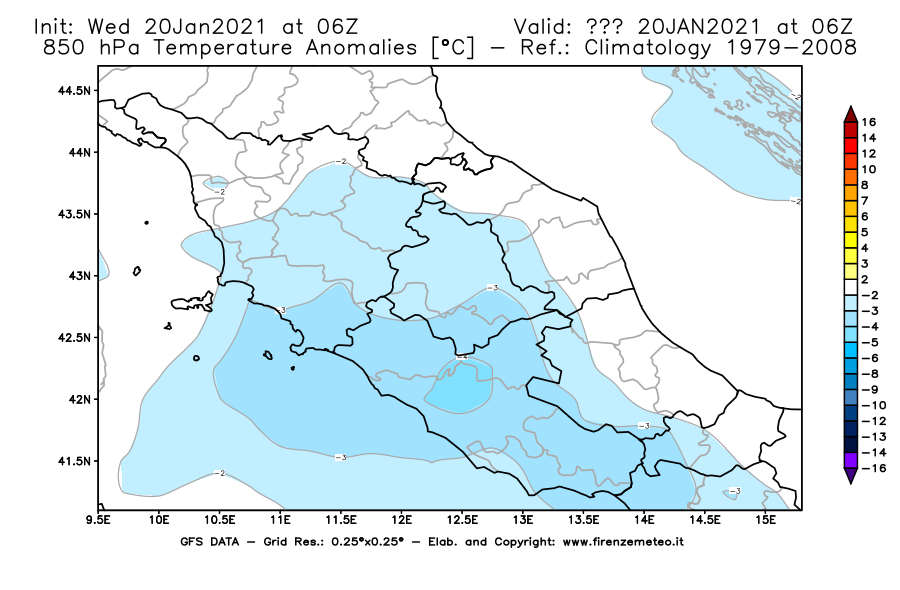 Mappa di analisi GFS - Anomalia Temperatura [°C] a 850 hPa in Centro-Italia
									del 20/01/2021 06 <!--googleoff: index-->UTC<!--googleon: index-->