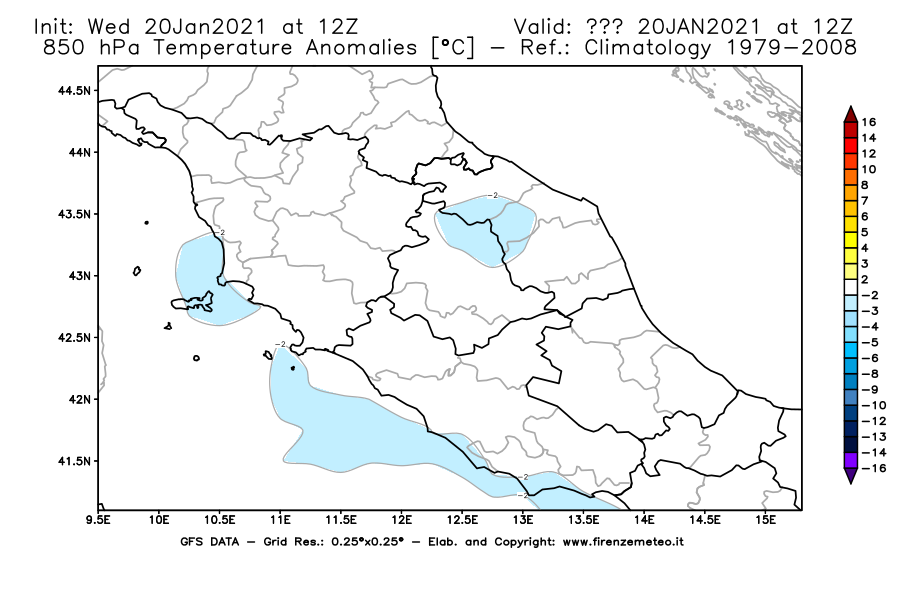 Mappa di analisi GFS - Anomalia Temperatura [°C] a 850 hPa in Centro-Italia
									del 20/01/2021 12 <!--googleoff: index-->UTC<!--googleon: index-->