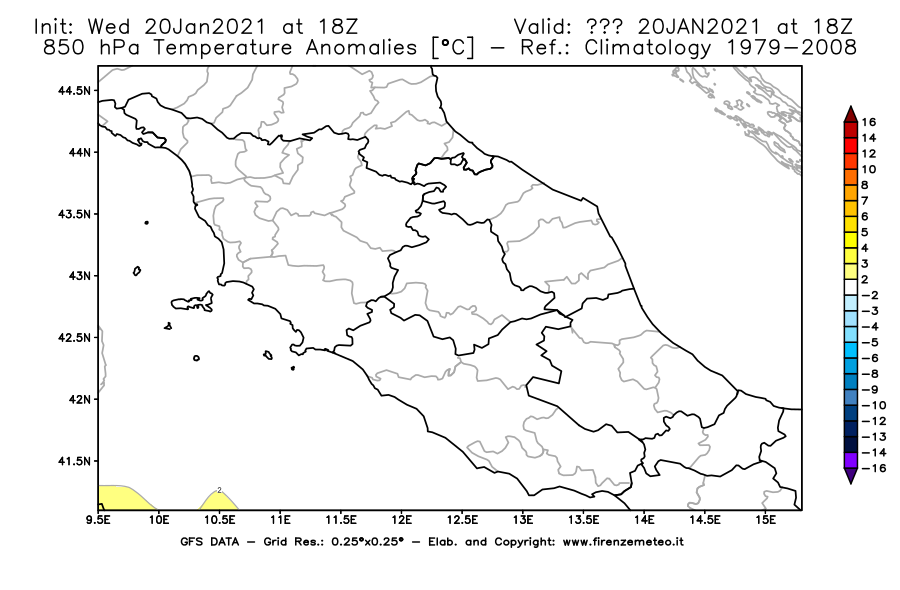 Mappa di analisi GFS - Anomalia Temperatura [°C] a 850 hPa in Centro-Italia
							del 20/01/2021 18 <!--googleoff: index-->UTC<!--googleon: index-->