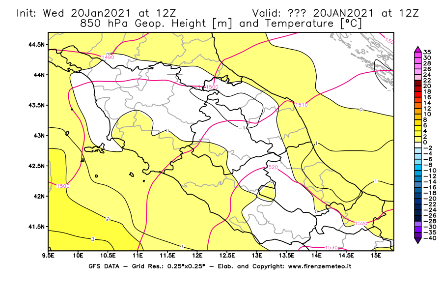 Mappa di analisi GFS - Geopotenziale [m] e Temperatura [°C] a 850 hPa in Centro-Italia
							del 20/01/2021 12 <!--googleoff: index-->UTC<!--googleon: index-->