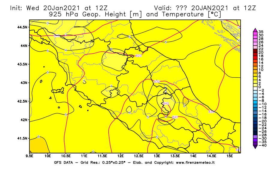 Mappa di analisi GFS - Geopotenziale [m] e Temperatura [°C] a 925 hPa in Centro-Italia
							del 20/01/2021 12 <!--googleoff: index-->UTC<!--googleon: index-->