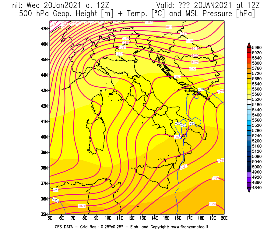 Mappa di analisi GFS - Geopotenziale [m] + Temp. [°C] a 500 hPa + Press. a livello del mare [hPa] in Italia
									del 20/01/2021 12 <!--googleoff: index-->UTC<!--googleon: index-->