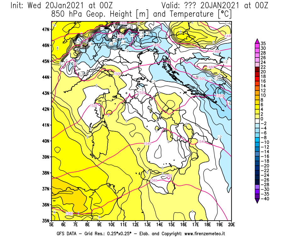 Mappa di analisi GFS - Geopotenziale [m] e Temperatura [°C] a 850 hPa in Italia
							del 20/01/2021 00 <!--googleoff: index-->UTC<!--googleon: index-->