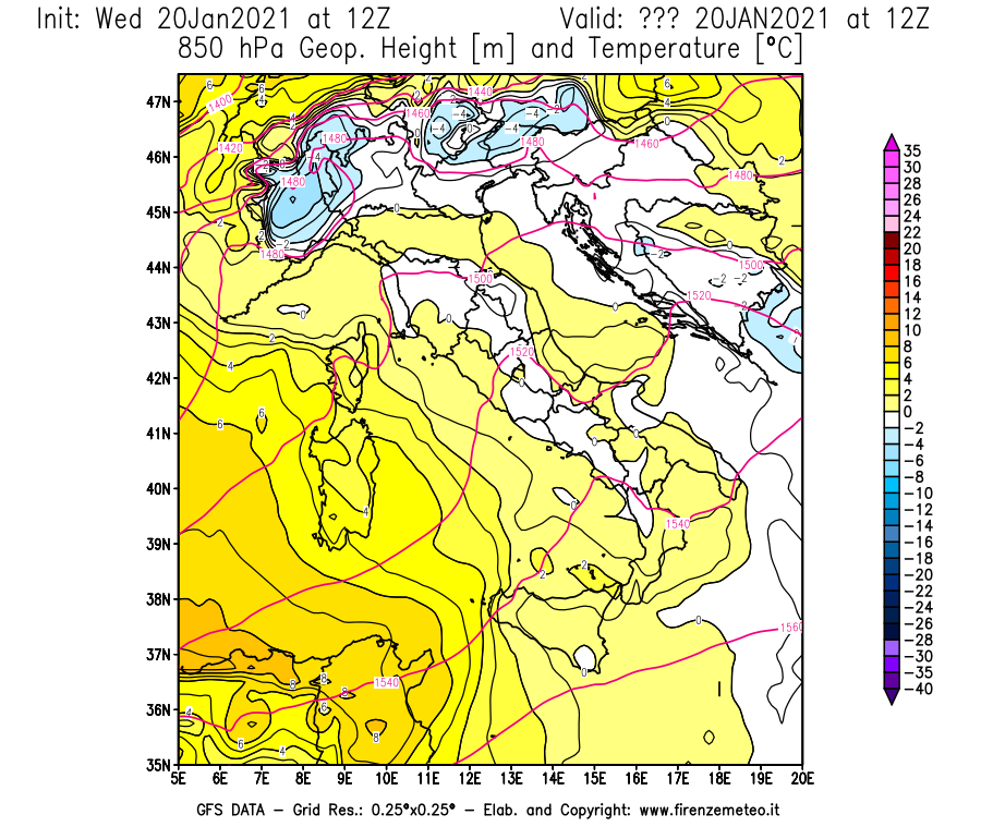 Mappa di analisi GFS - Geopotenziale [m] e Temperatura [°C] a 850 hPa in Italia
							del 20/01/2021 12 <!--googleoff: index-->UTC<!--googleon: index-->