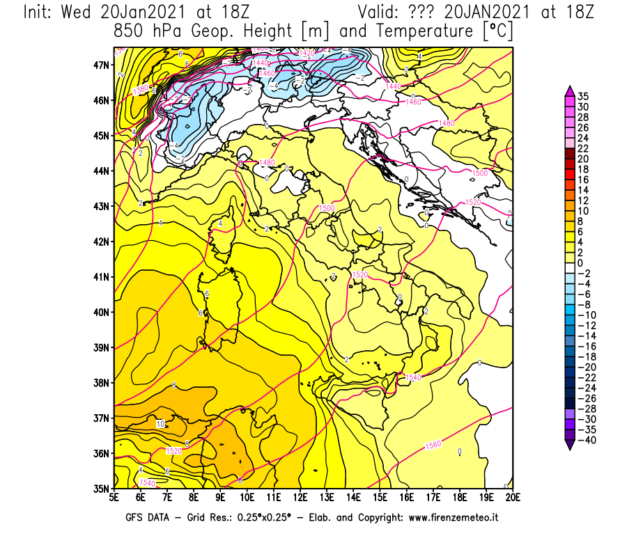 Mappa di analisi GFS - Geopotenziale [m] e Temperatura [°C] a 850 hPa in Italia
							del 20/01/2021 18 <!--googleoff: index-->UTC<!--googleon: index-->