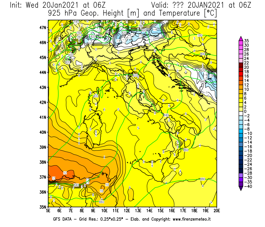 Mappa di analisi GFS - Geopotenziale [m] e Temperatura [°C] a 925 hPa in Italia
							del 20/01/2021 06 <!--googleoff: index-->UTC<!--googleon: index-->