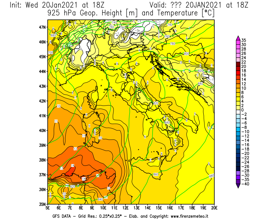 Mappa di analisi GFS - Geopotenziale [m] e Temperatura [°C] a 925 hPa in Italia
							del 20/01/2021 18 <!--googleoff: index-->UTC<!--googleon: index-->