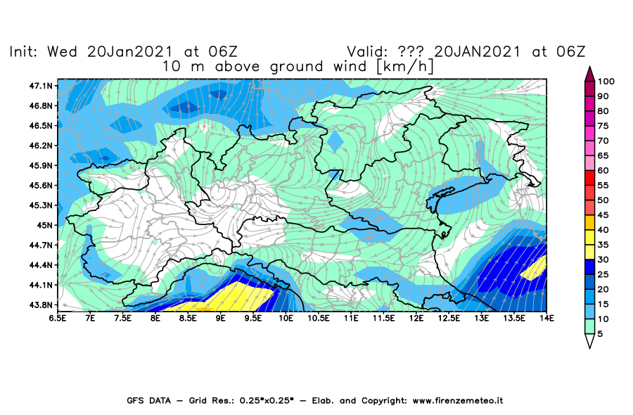 Mappa di analisi GFS - Velocità del vento a 10 metri dal suolo [km/h] in Nord-Italia
							del 20/01/2021 06 <!--googleoff: index-->UTC<!--googleon: index-->