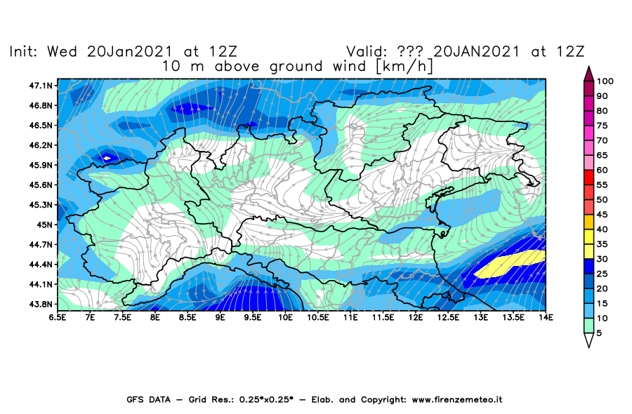Mappa di analisi GFS - Velocità del vento a 10 metri dal suolo [km/h] in Nord-Italia
									del 20/01/2021 12 <!--googleoff: index-->UTC<!--googleon: index-->