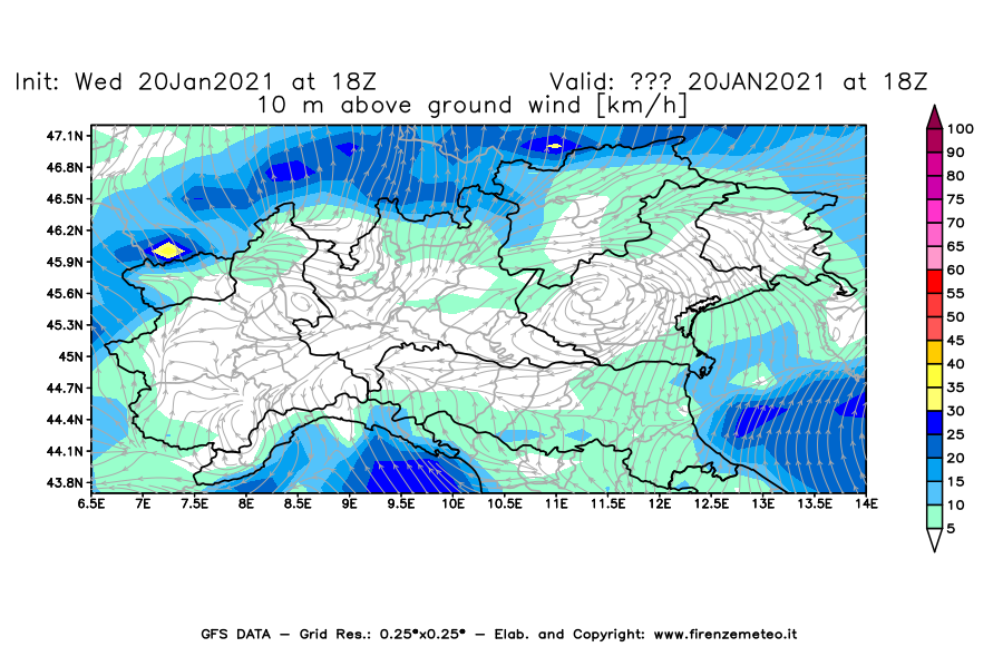 Mappa di analisi GFS - Velocità del vento a 10 metri dal suolo [km/h] in Nord-Italia
									del 20/01/2021 18 <!--googleoff: index-->UTC<!--googleon: index-->