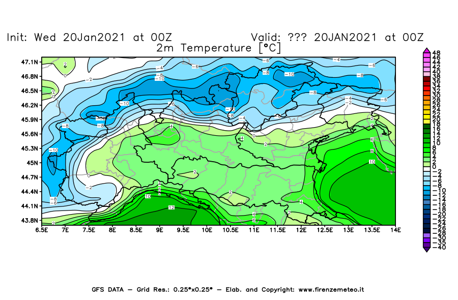 Mappa di analisi GFS - Temperatura a 2 metri dal suolo [°C] in Nord-Italia
							del 20/01/2021 00 <!--googleoff: index-->UTC<!--googleon: index-->