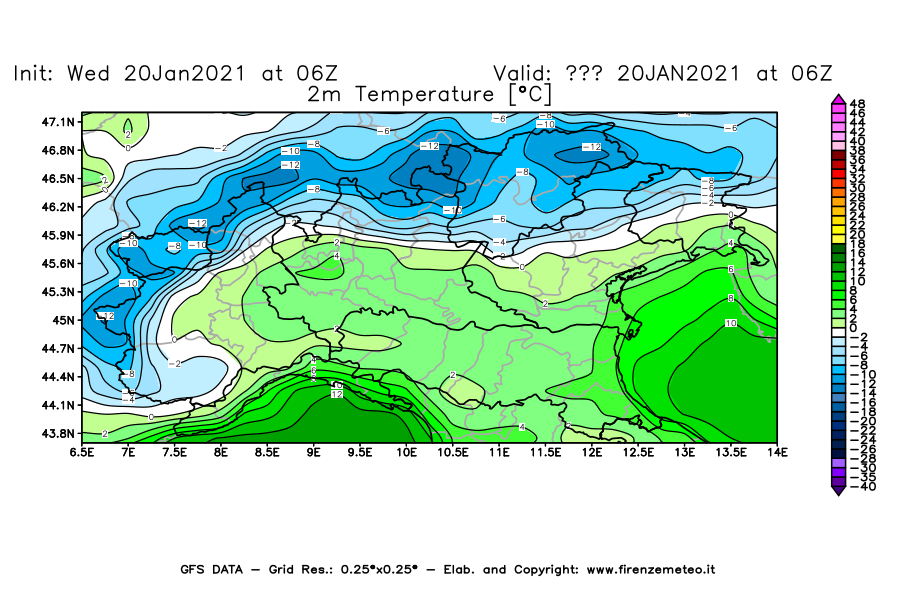 Mappa di analisi GFS - Temperatura a 2 metri dal suolo [°C] in Nord-Italia
							del 20/01/2021 06 <!--googleoff: index-->UTC<!--googleon: index-->