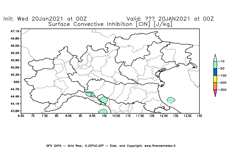 Mappa di analisi GFS - CIN [J/kg] in Nord-Italia
							del 20/01/2021 00 <!--googleoff: index-->UTC<!--googleon: index-->