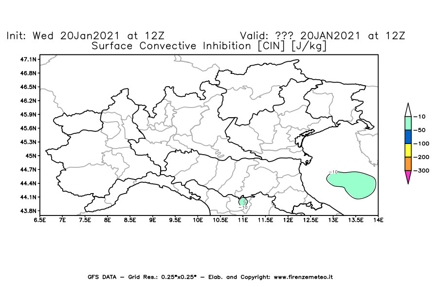 Mappa di analisi GFS - CIN [J/kg] in Nord-Italia
									del 20/01/2021 12 <!--googleoff: index-->UTC<!--googleon: index-->