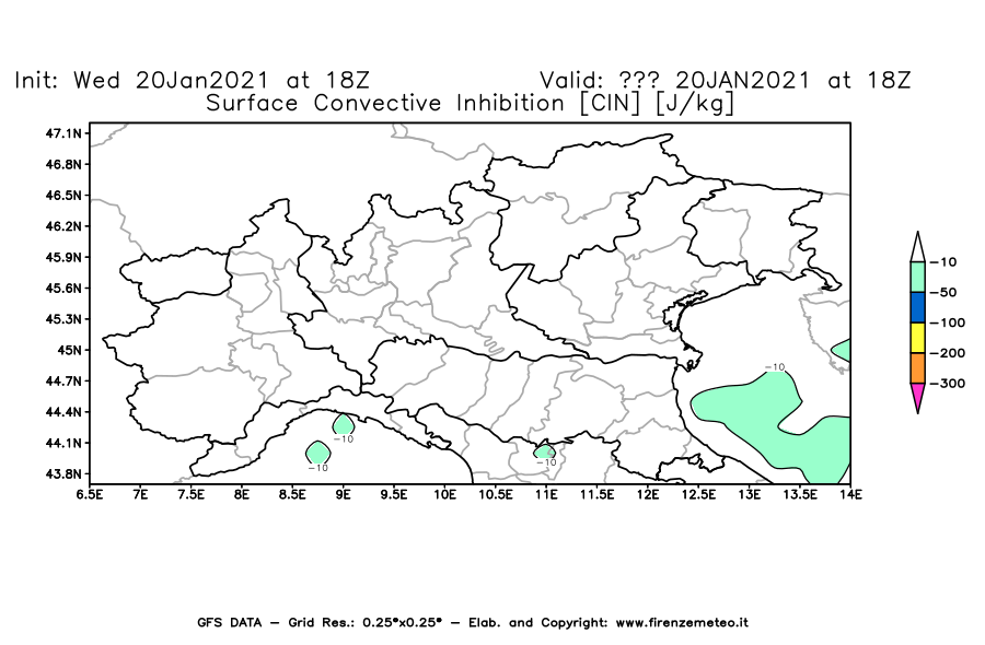 Mappa di analisi GFS - CIN [J/kg] in Nord-Italia
							del 20/01/2021 18 <!--googleoff: index-->UTC<!--googleon: index-->