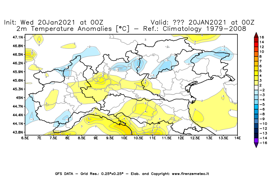 Mappa di analisi GFS - Anomalia Temperatura [°C] a 2 m in Nord-Italia
									del 20/01/2021 00 <!--googleoff: index-->UTC<!--googleon: index-->
