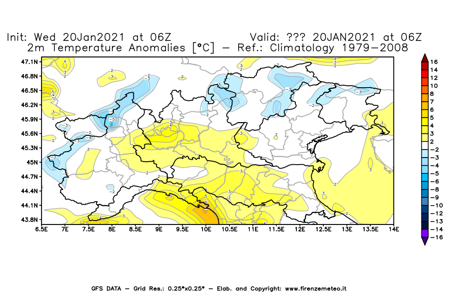 Mappa di analisi GFS - Anomalia Temperatura [°C] a 2 m in Nord-Italia
							del 20/01/2021 06 <!--googleoff: index-->UTC<!--googleon: index-->