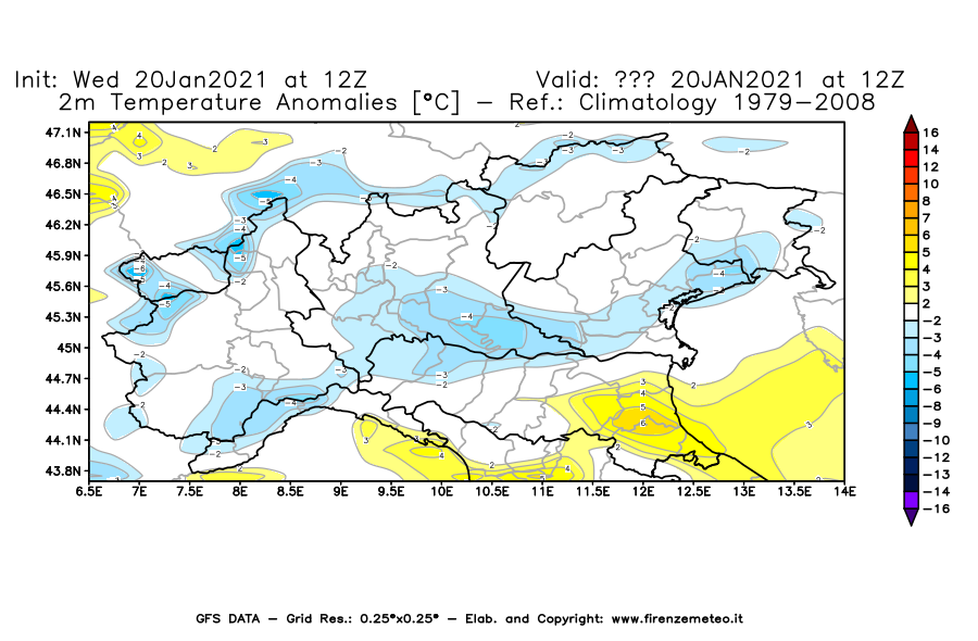 Mappa di analisi GFS - Anomalia Temperatura [°C] a 2 m in Nord-Italia
									del 20/01/2021 12 <!--googleoff: index-->UTC<!--googleon: index-->