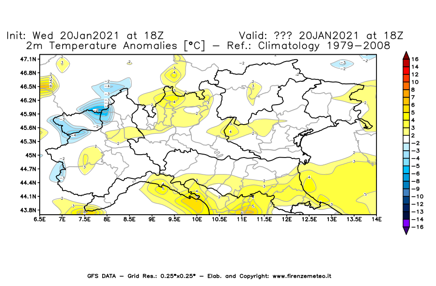 Mappa di analisi GFS - Anomalia Temperatura [°C] a 2 m in Nord-Italia
							del 20/01/2021 18 <!--googleoff: index-->UTC<!--googleon: index-->