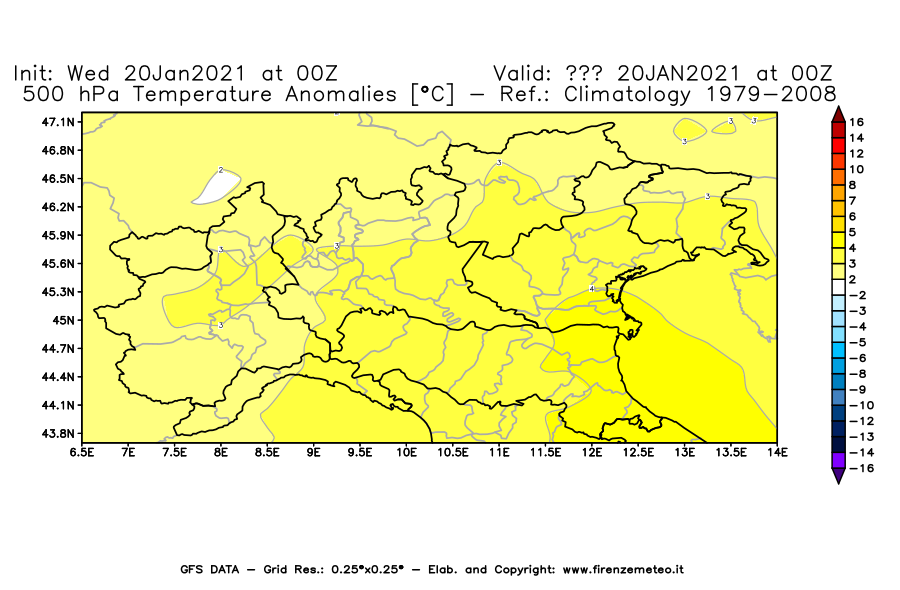 Mappa di analisi GFS - Anomalia Temperatura [°C] a 500 hPa in Nord-Italia
									del 20/01/2021 00 <!--googleoff: index-->UTC<!--googleon: index-->