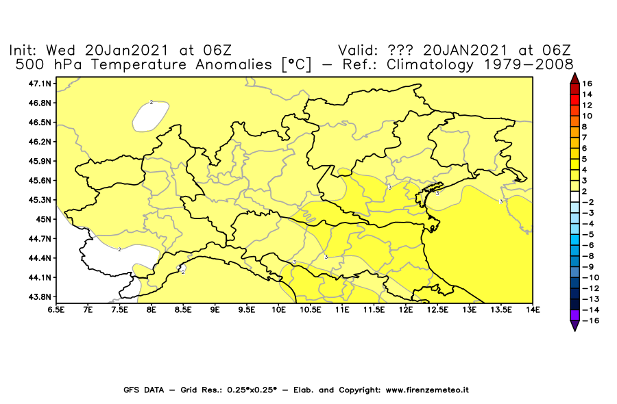 Mappa di analisi GFS - Anomalia Temperatura [°C] a 500 hPa in Nord-Italia
									del 20/01/2021 06 <!--googleoff: index-->UTC<!--googleon: index-->