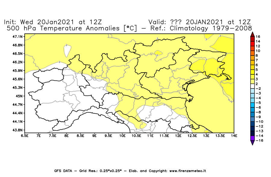 Mappa di analisi GFS - Anomalia Temperatura [°C] a 500 hPa in Nord-Italia
							del 20/01/2021 12 <!--googleoff: index-->UTC<!--googleon: index-->