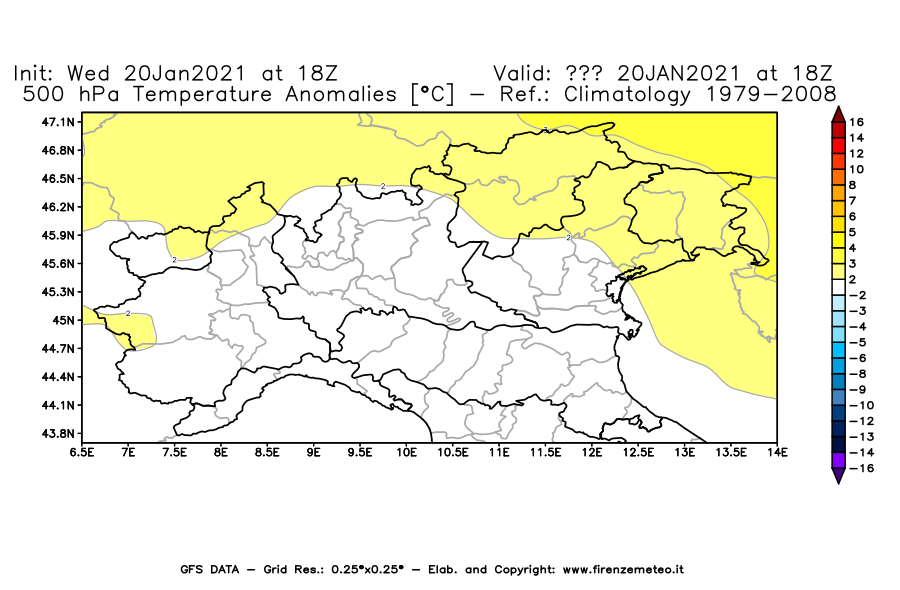 Mappa di analisi GFS - Anomalia Temperatura [°C] a 500 hPa in Nord-Italia
							del 20/01/2021 18 <!--googleoff: index-->UTC<!--googleon: index-->
