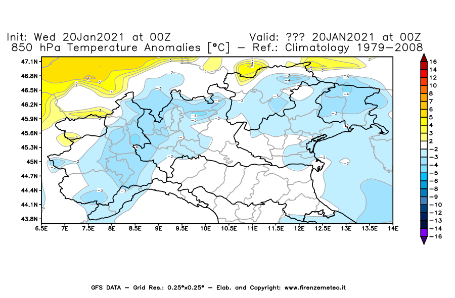 Mappa di analisi GFS - Anomalia Temperatura [°C] a 850 hPa in Nord-Italia
									del 20/01/2021 00 <!--googleoff: index-->UTC<!--googleon: index-->