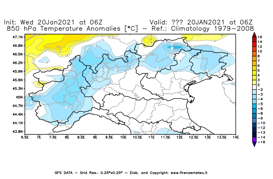 Mappa di analisi GFS - Anomalia Temperatura [°C] a 850 hPa in Nord-Italia
									del 20/01/2021 06 <!--googleoff: index-->UTC<!--googleon: index-->