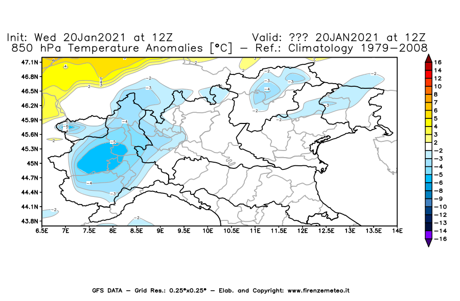 Mappa di analisi GFS - Anomalia Temperatura [°C] a 850 hPa in Nord-Italia
									del 20/01/2021 12 <!--googleoff: index-->UTC<!--googleon: index-->