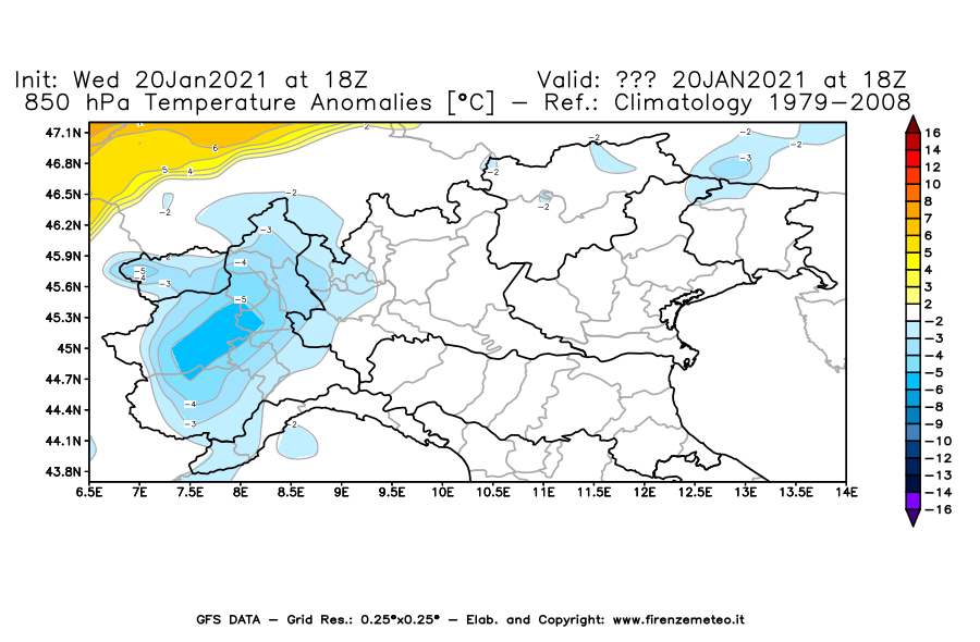 Mappa di analisi GFS - Anomalia Temperatura [°C] a 850 hPa in Nord-Italia
							del 20/01/2021 18 <!--googleoff: index-->UTC<!--googleon: index-->