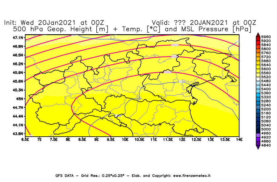 Mappa di analisi GFS - Geopotenziale [m] + Temp. [°C] a 500 hPa + Press. a livello del mare [hPa] in Nord-Italia
									del 20/01/2021 00 <!--googleoff: index-->UTC<!--googleon: index-->