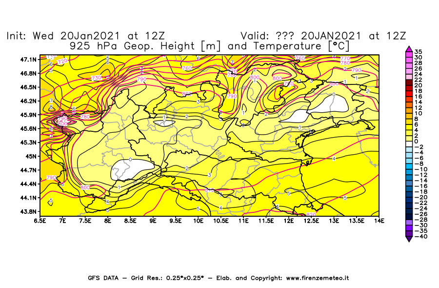 Mappa di analisi GFS - Geopotenziale [m] e Temperatura [°C] a 925 hPa in Nord-Italia
									del 20/01/2021 12 <!--googleoff: index-->UTC<!--googleon: index-->