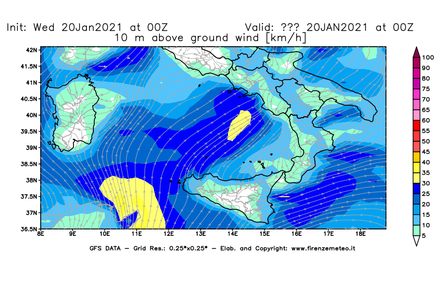 Mappa di analisi GFS - Velocità del vento a 10 metri dal suolo [km/h] in Sud-Italia
									del 20/01/2021 00 <!--googleoff: index-->UTC<!--googleon: index-->