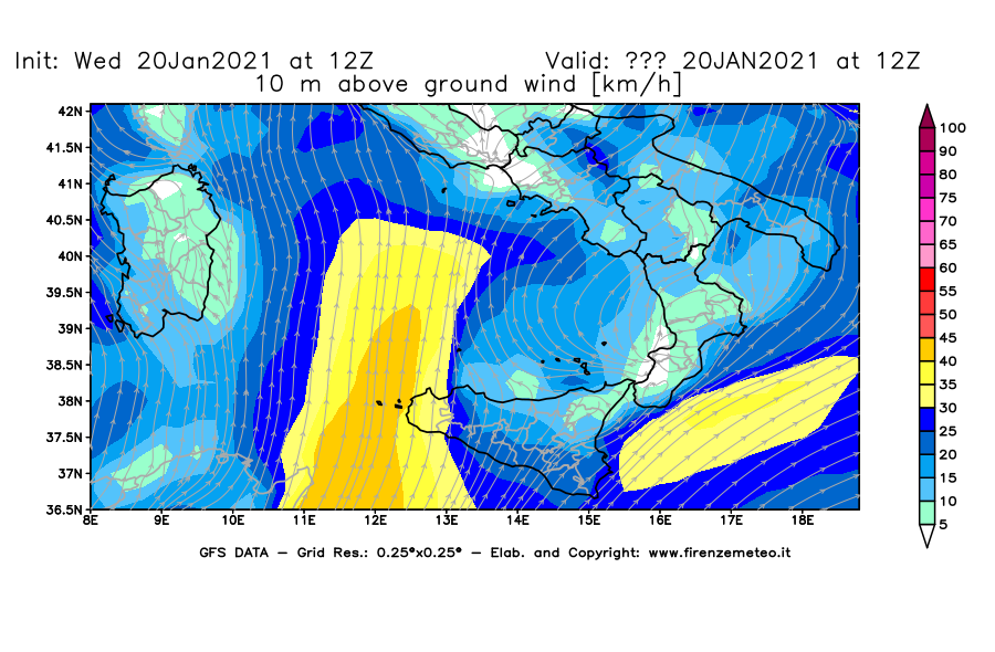 Mappa di analisi GFS - Velocità del vento a 10 metri dal suolo [km/h] in Sud-Italia
							del 20/01/2021 12 <!--googleoff: index-->UTC<!--googleon: index-->