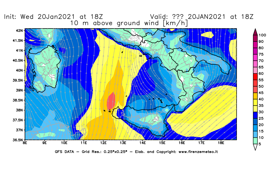 Mappa di analisi GFS - Velocità del vento a 10 metri dal suolo [km/h] in Sud-Italia
							del 20/01/2021 18 <!--googleoff: index-->UTC<!--googleon: index-->