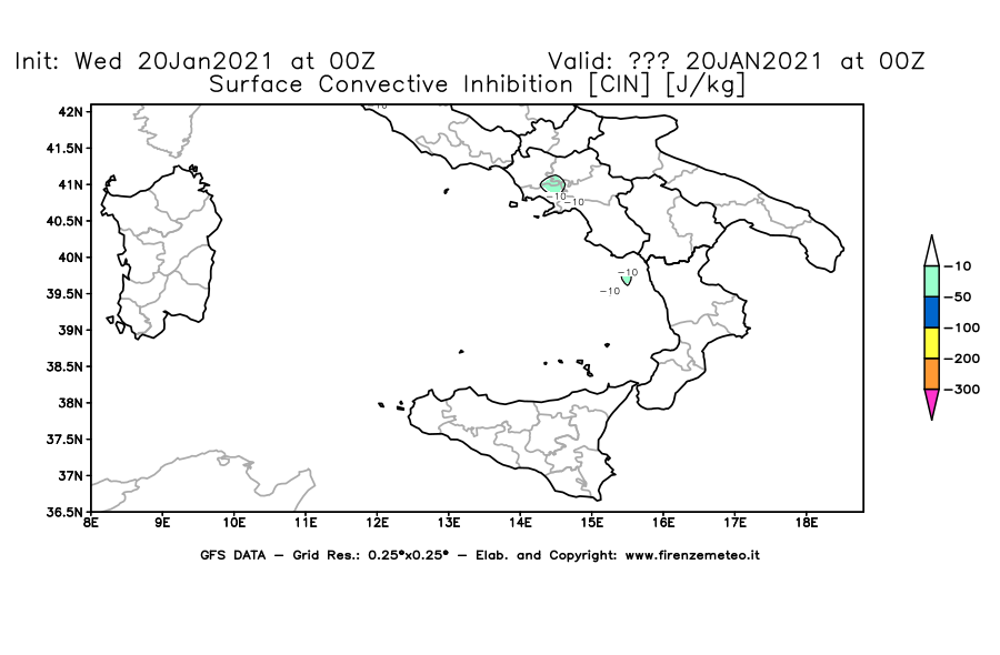 Mappa di analisi GFS - CIN [J/kg] in Sud-Italia
									del 20/01/2021 00 <!--googleoff: index-->UTC<!--googleon: index-->