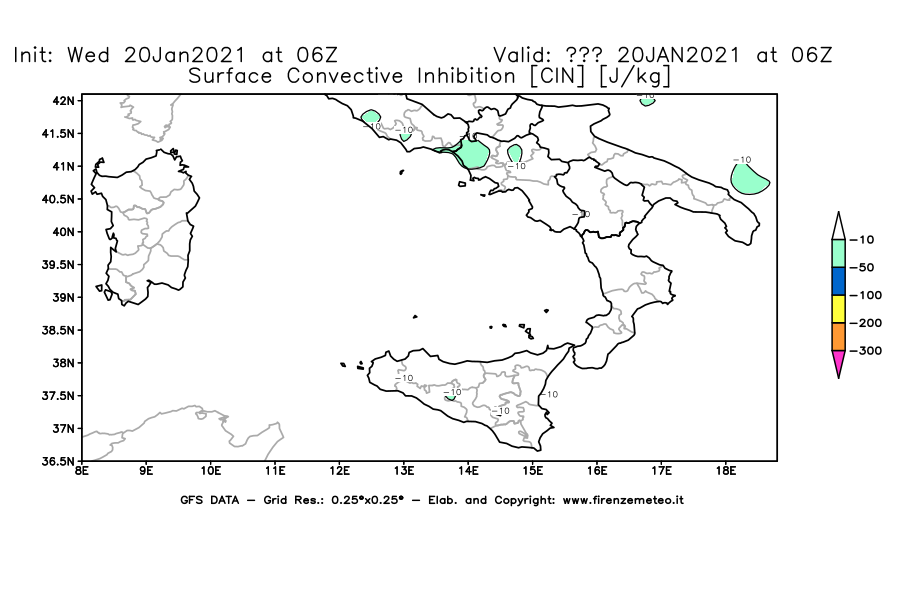 Mappa di analisi GFS - CIN [J/kg] in Sud-Italia
							del 20/01/2021 06 <!--googleoff: index-->UTC<!--googleon: index-->
