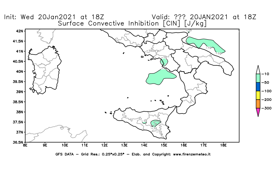 Mappa di analisi GFS - CIN [J/kg] in Sud-Italia
							del 20/01/2021 18 <!--googleoff: index-->UTC<!--googleon: index-->